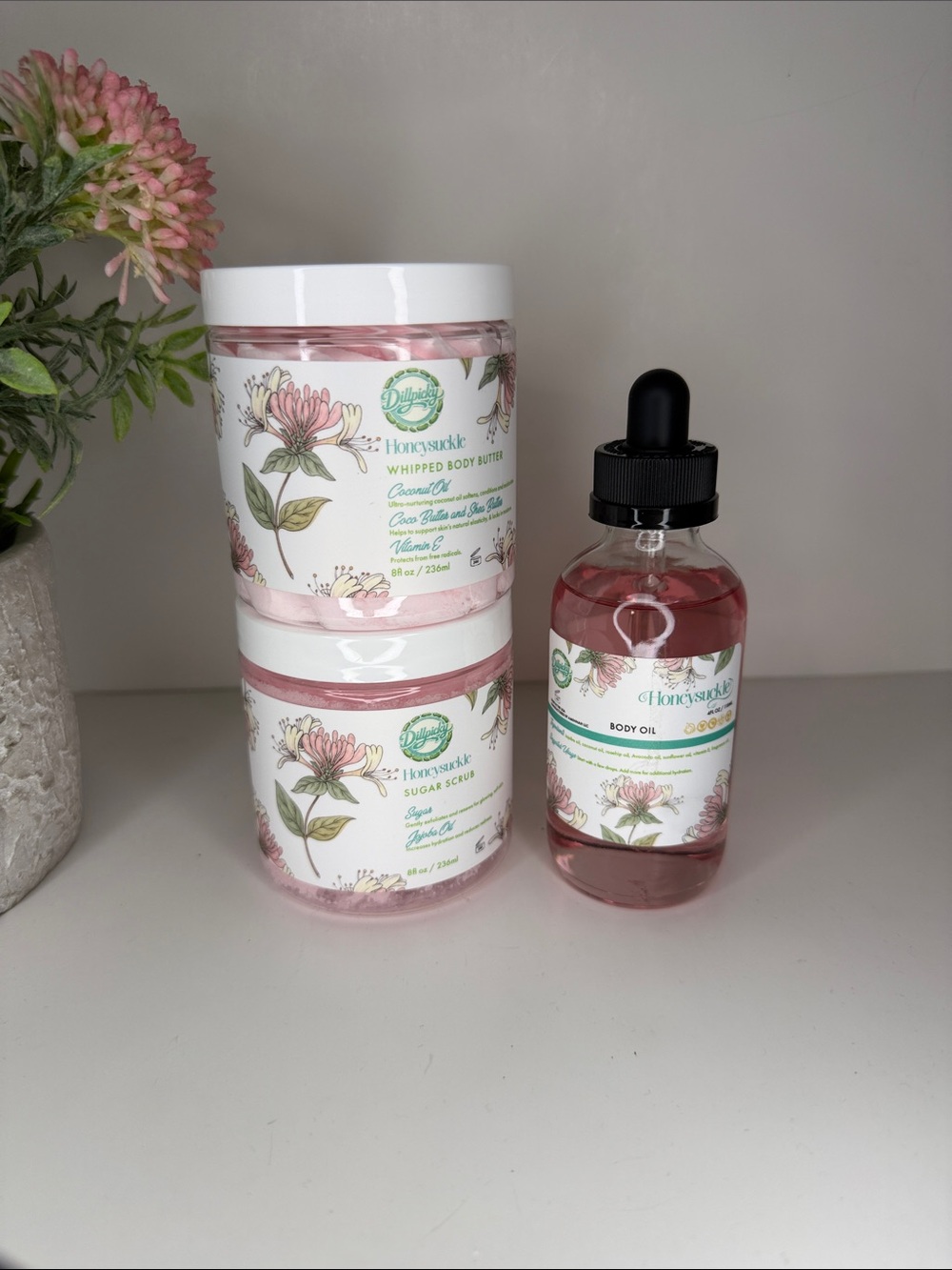 DILLPICKY Honeysuckle Whipped Body Butter, Sugar Scrub & Body Oil